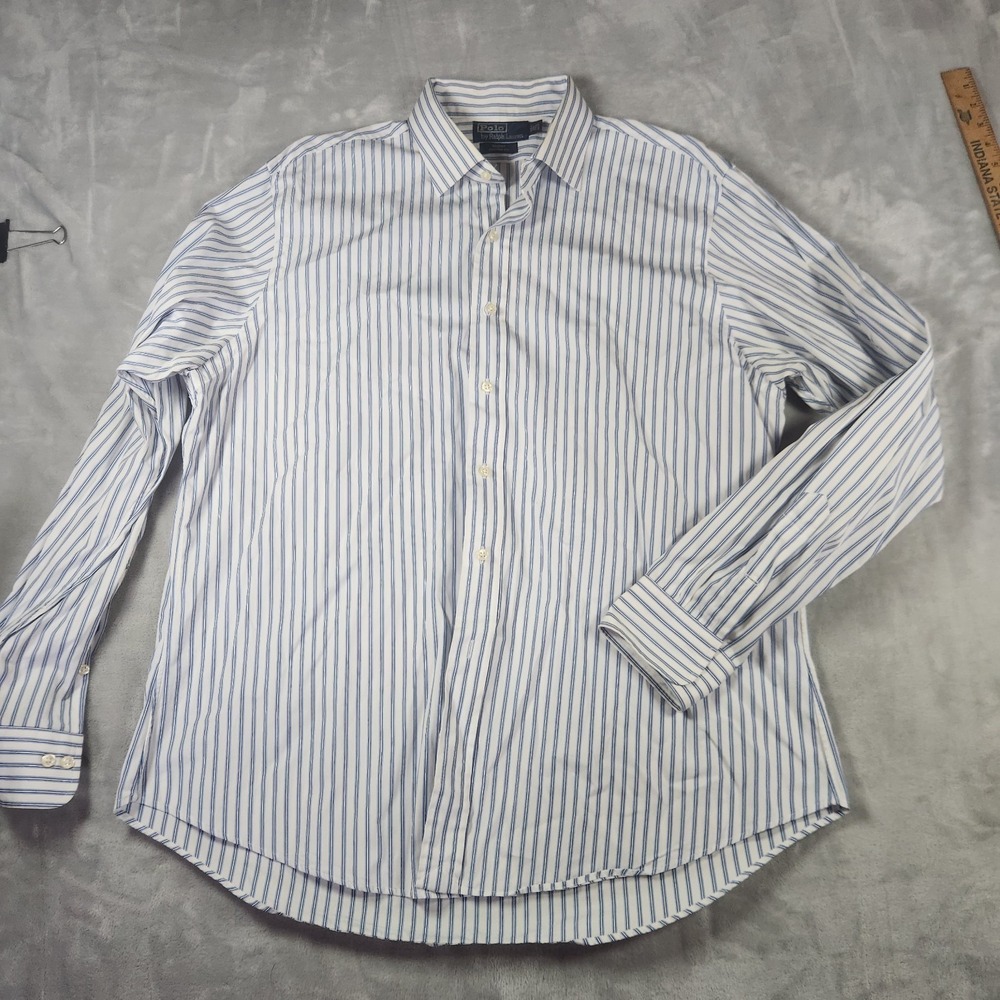 Polo Ralph Lauren Mens Striped White, Blue Regent Custom Fit Business Shirt 17.5